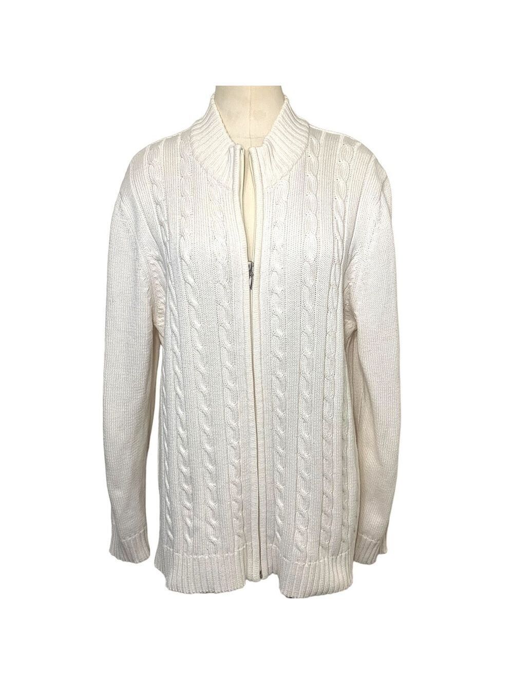 Cable Knit Zip Cardigan Sweater Sz L Off White Classic Classic Minimalist
